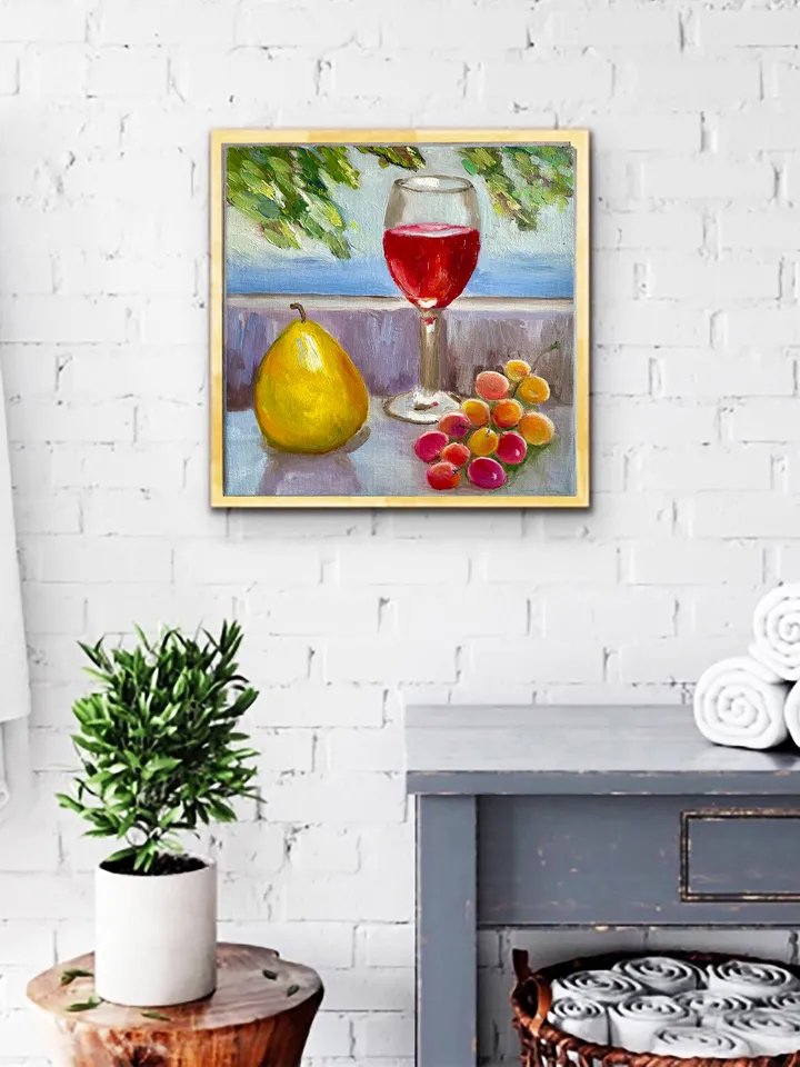 Wine Glass Painting, Original Oil Painting on Canvas, Fruit Still Life Painting 10" x 10"