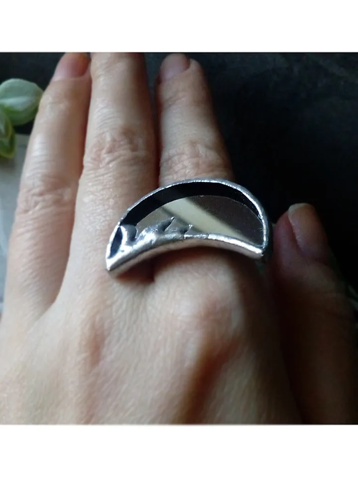 Mirror crescent ring, moon ring, stained glass ring, protection ring, Halloween ring, witchy aesthetic, soldered ring