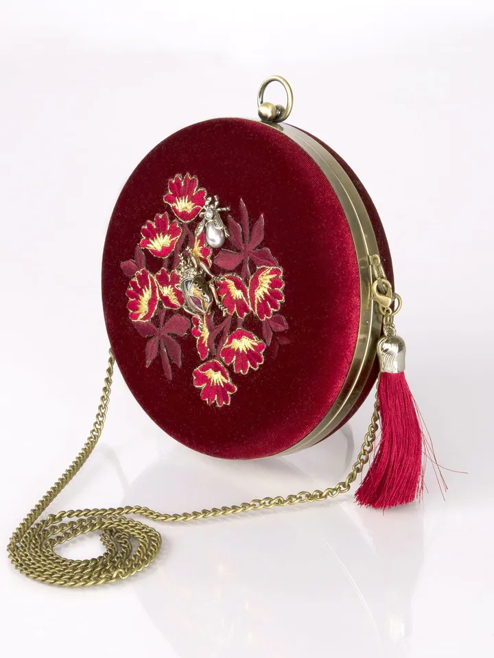 Clutch round burgundy velvet with flower embroidery and beetles