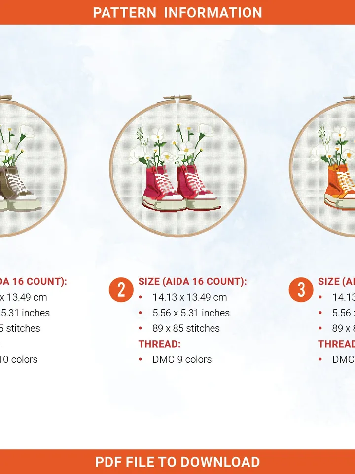 Sneakers with Flowers Bundle of 3 cross stitch pattern nature style boy girl nursery decor counted chart gift DIY embroidery, instant PDF
