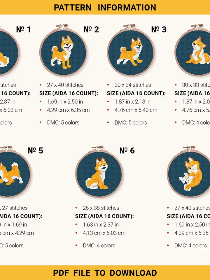 Bundle of 7 mini Shiba Inu dog Cross stitch patterns, puppy, pet, animals, beginner counted, modern chart, gift DIY, embroidery, instant PDF