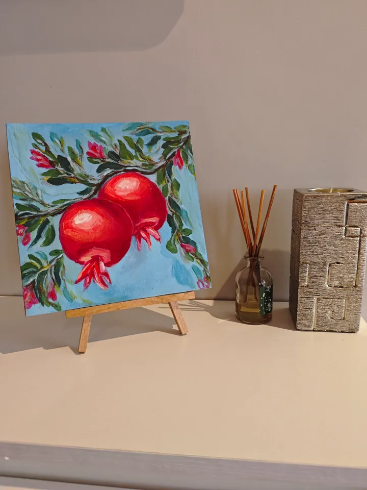 Pomegranate Original Painting Fruit Original Art Red Pomegranate Modern Artwork Red Fruit Wall Painting 8x8 inches by OlgaSokolova Art