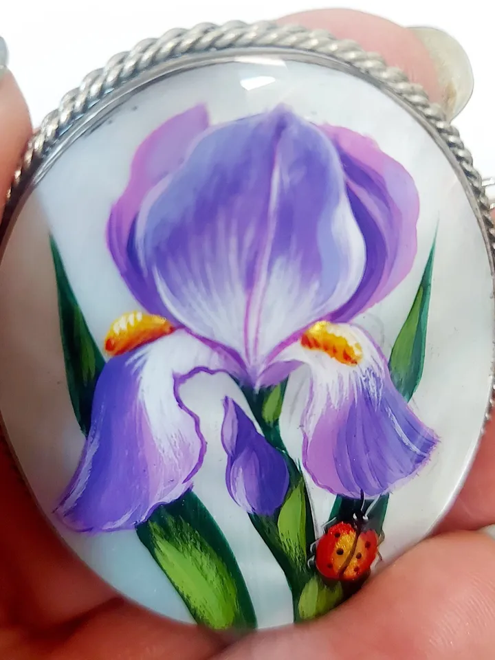 Nice "Iris" Hand Painted Russian Fedoskino Mother-Of-Pearl Brooch/Pin/Miniature hand-painted/Russian fine art jewelry/ Russia gift for woman