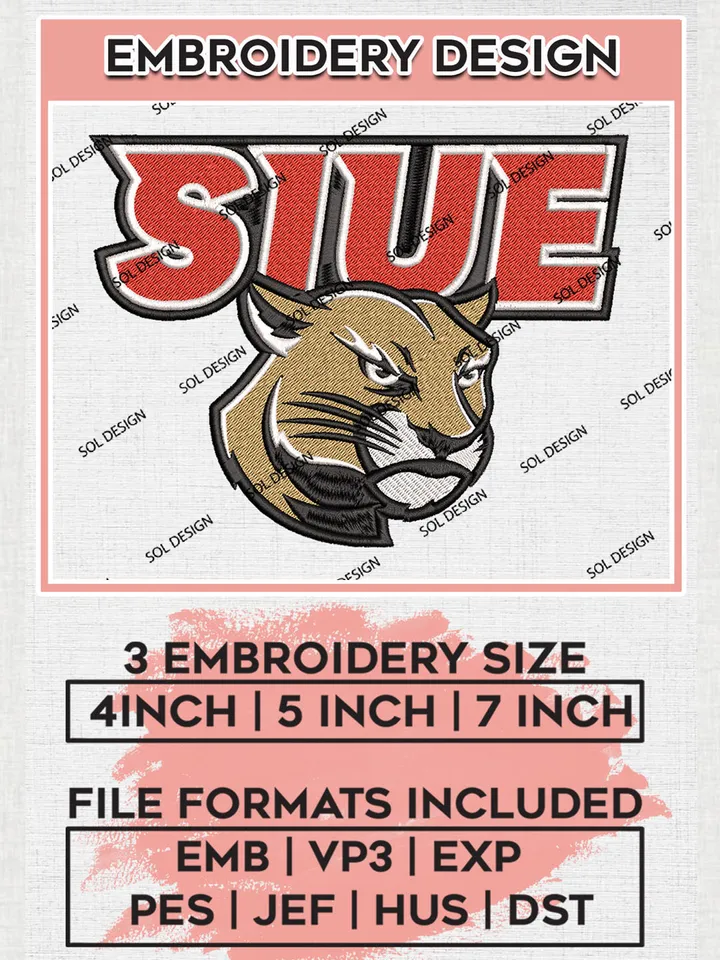 NCAA SIUE Team Head Mascot Logo Embroidery Design Files, NCAA SIU Edwardsville Cougars Machine Embroidery, NCAA Teams, 3 sizes, NCAA Machine embroidery designs, Digital Download