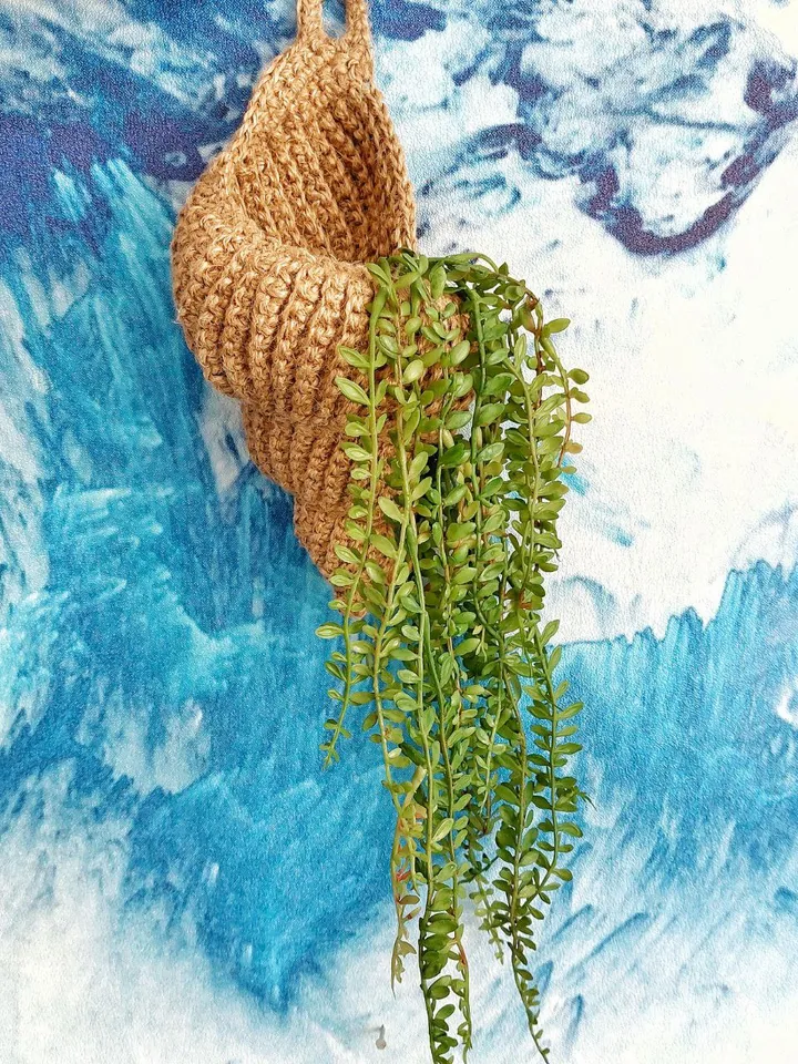 A hanging basket in the shape of a sea shell.
Handmade crocheted seashell made of jute.
Eco-friendly decor in a nautical style. Use the basket as a cachepot for small flowers, organizer for cosmetics, for combs and other items.