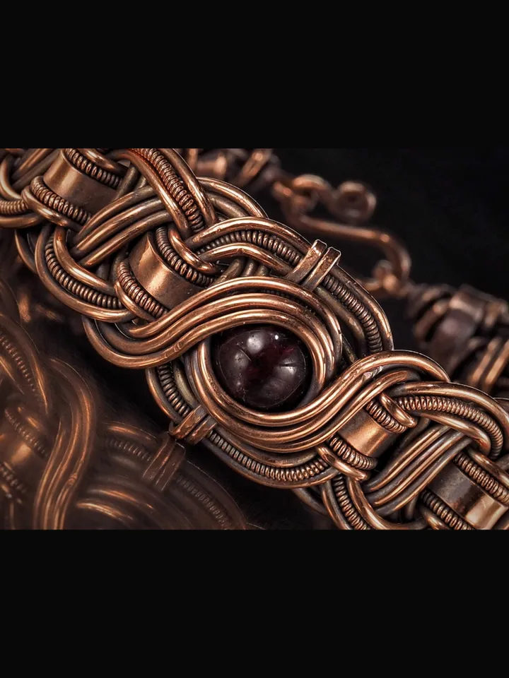 Copper wire wrapped garnet bracelet Unique bangle 7th Wedding Anniversary