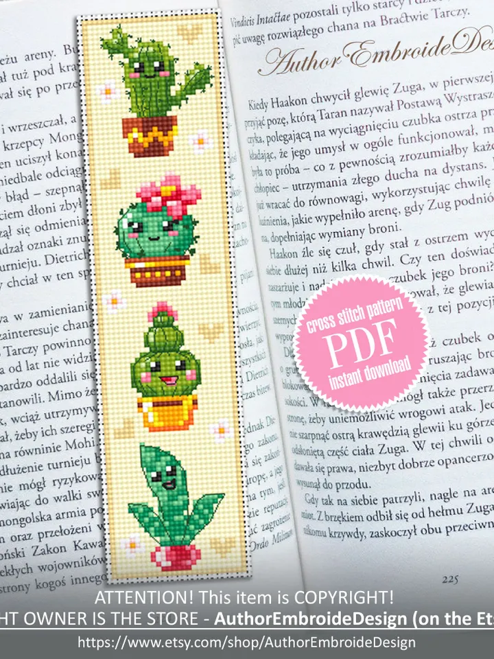 Cactus bookmark cross stitch pattern PDF download Kawaii cactus cross stitch chart, Floral bookmark pattern digital PDF, Potted plants #B342