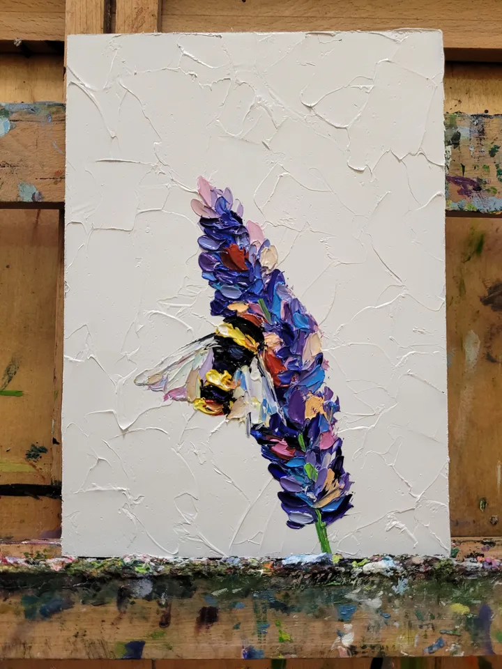 Bumble Bee Painting Lavender Flower Painting Bee Original Art Impasto Oil Painting 5x7 Honey Bee Artwork Floral Wall Art Small Painting by ArtFromVictoria