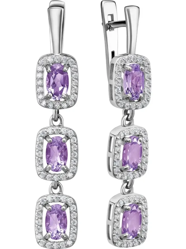 Long earrings with natural amethyst and cubic zirconia, 925 sterling silver