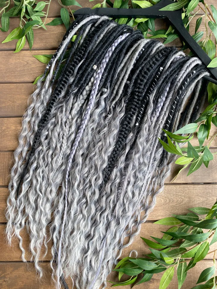 Black and gray synthetic crochet curly Double ended Dreads Ready to ship