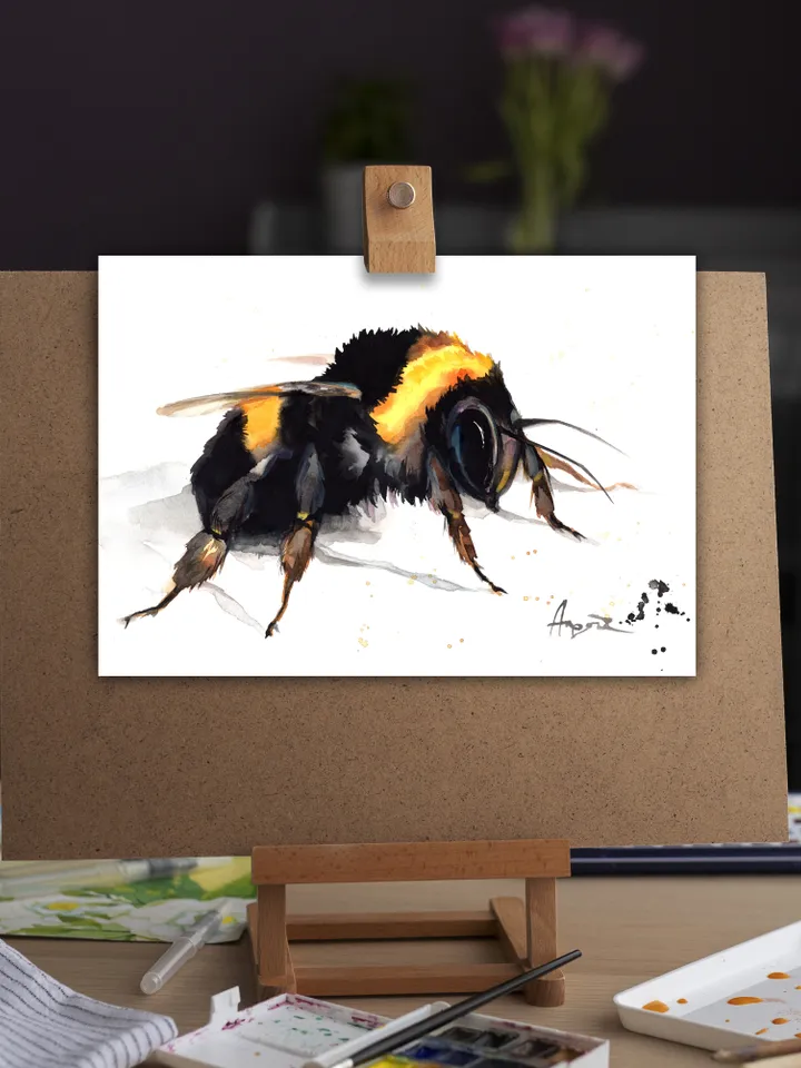 Bumblebee original watercolor illustration, bee painting, wall decor, 8x11 in art for natura lovers by Anne Gorywine