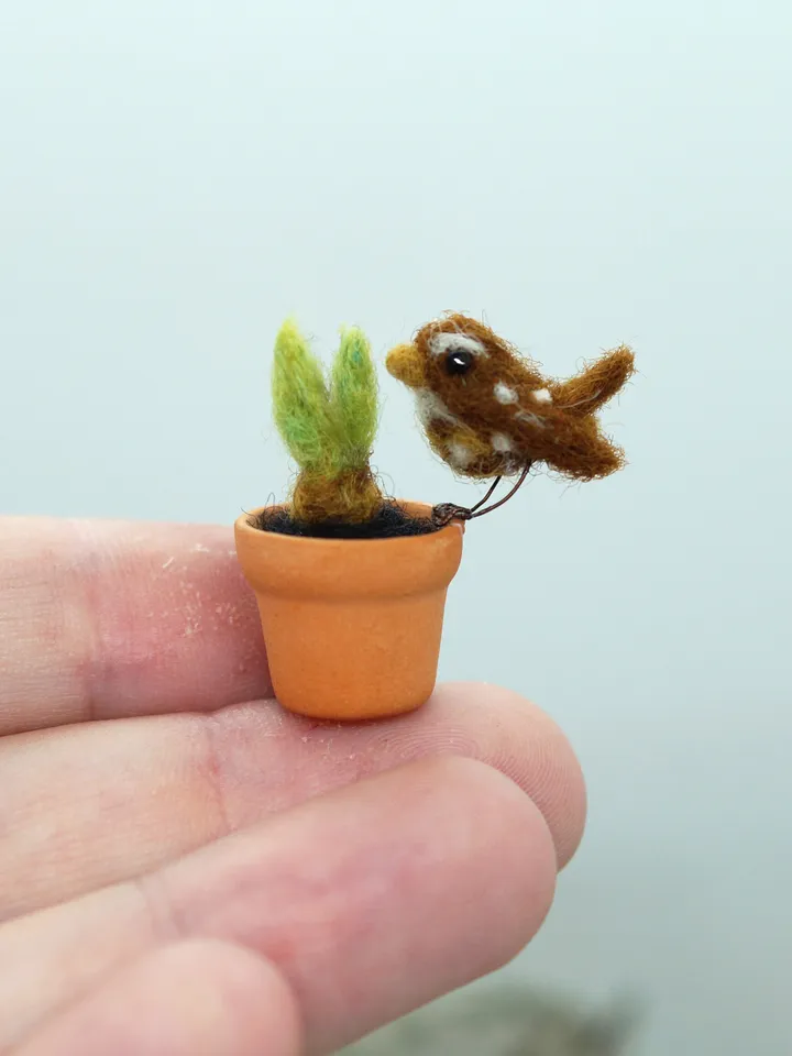 Tiny needle felted wren on a ceramic pot, miniature bird, made to order