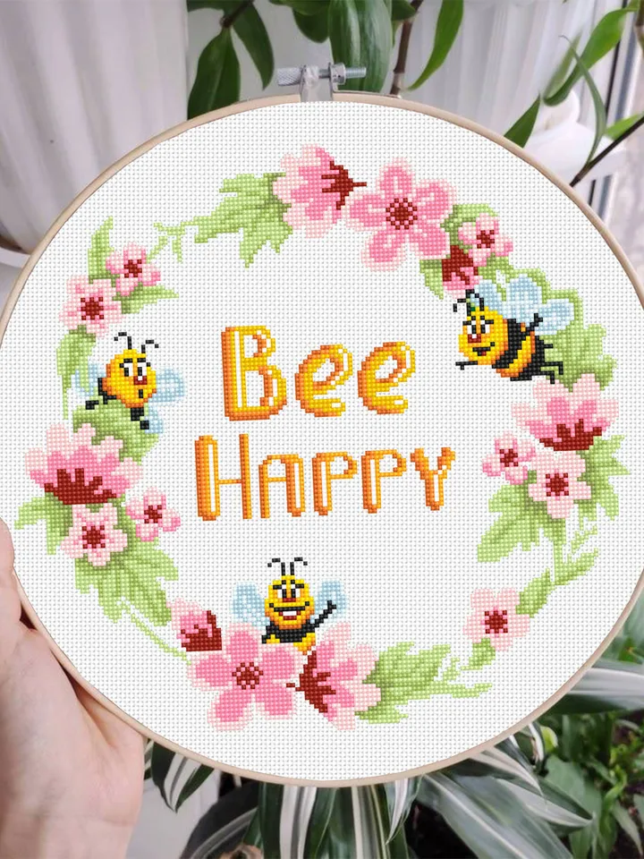 Honey bee cross stitch pattern download PDF, Bee Happy cross stitch Floral wreath cross stitch chart Framed quote embroidery, Bee decor #Q48