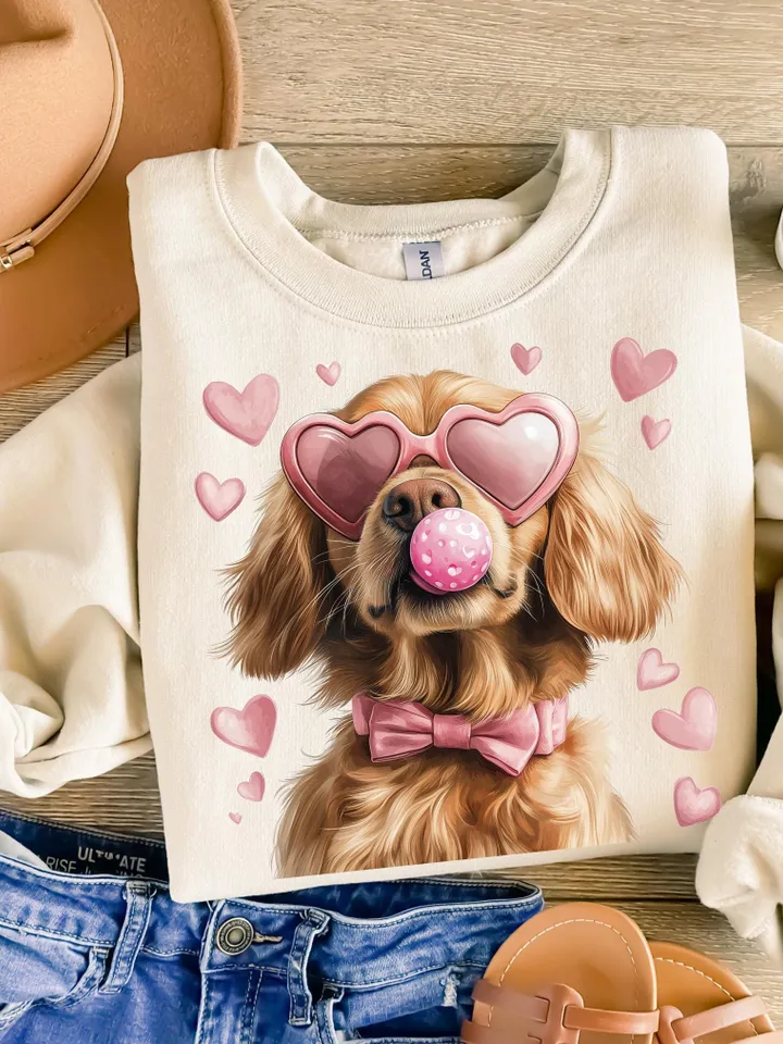 Valentine Dog Lovers png, Golden with heart-shaped glasses, Valentine png, Preppy valentine png, Watercolor Dog Coquette png, Dog Mom png