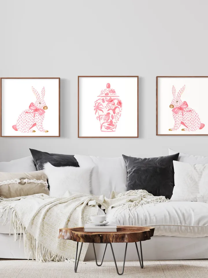 Pink Chinoiserie Set of 3 Art Prints, Watercolor Painting, Asian Vase Art, Rabbit Painting, Pink Bow Art, Ginger Jar, Chinoiserie Set Print