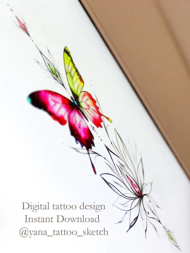 Butterfly Tattoo Design Colored Ornamental Lotus Flower And Butterfly Tattoo Idea Stencil Sketch, Instant download PDF, JPG