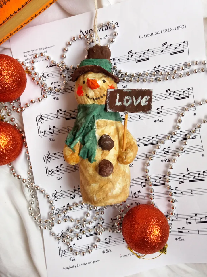 Handmade Christmas snowman in vintage style, cotton paper mache Free shipping