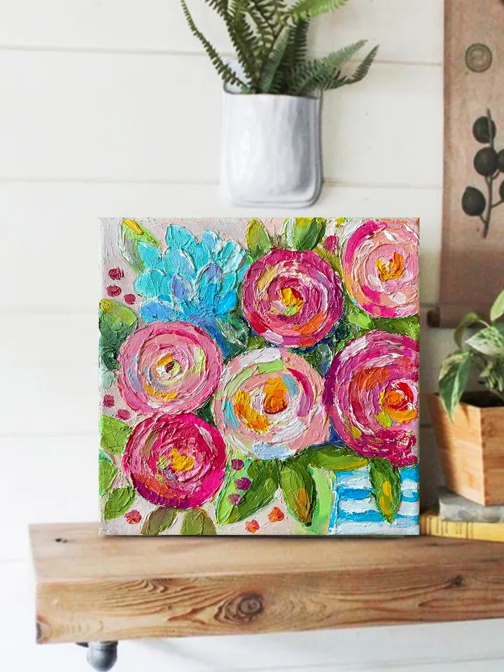 Flowers original oil painting, Rose Hydrangea canvas art Floral bouquet fine art