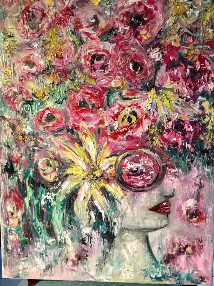 Pink wisdom-fantasy woman in flowers,womanoriginal oil painting,impasto painting,unique canvas art,original artwork,fantasy woman in roses.