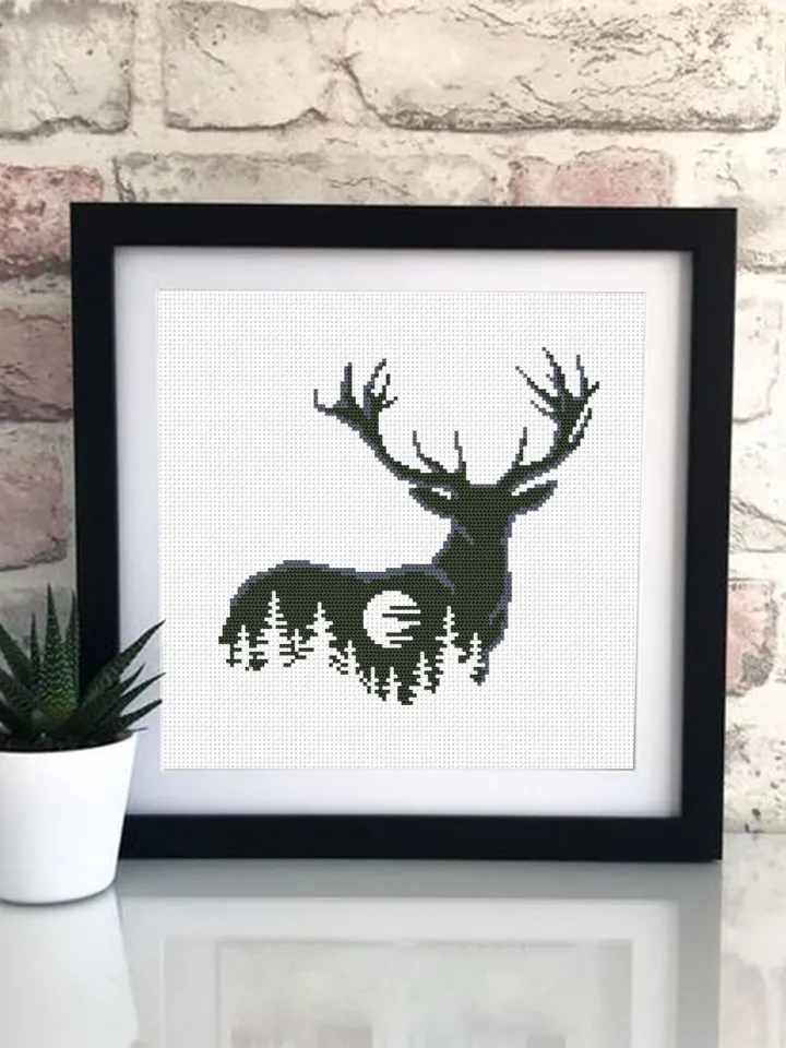 Deer silhouette cross stitch pattern download PDF Nature cross stitch chart, Deer hand embroidery PDF, Easy stitch beginner, Home decor #L52