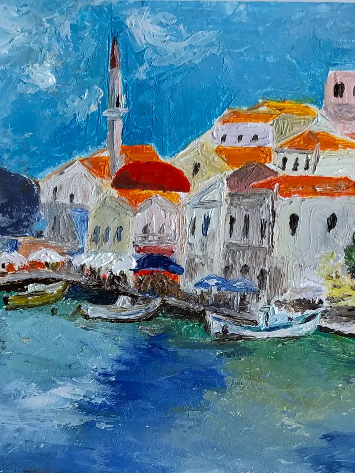 Cityscape Original oil painting landscape wall art seascape 8,3/5,3 inches handmade