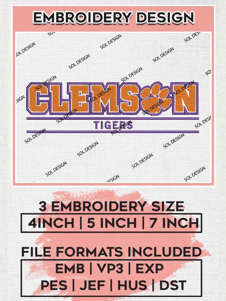 NCAA Clemson Tigers Team Writing Logo Embroidery Design Files, NCAA Clemson Tigers Machine Embroidery, NCAA Teams, 3 sizes, NCAA Machine embroidery designs, Digital Download