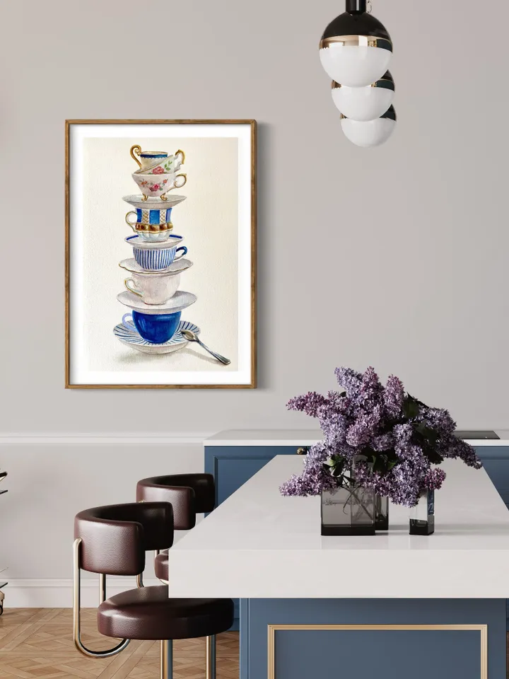 Tea Cups Original Watercolor Painting Kitchen Wall Art Tea Lover Gift Stack Of Cups Tea Cup Blue White Still Life Tea Lovers Watercolor Art
