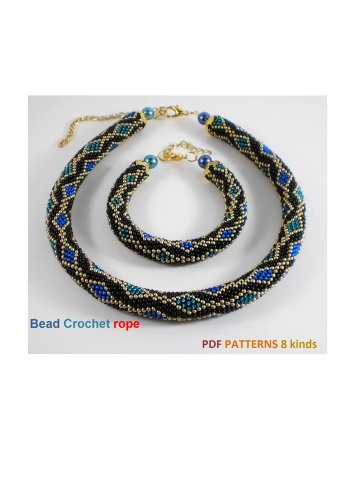 Bead crochet rope patterns «Chain» necklace and bracelet, 8 kinds, Instant Download, Pdf fail