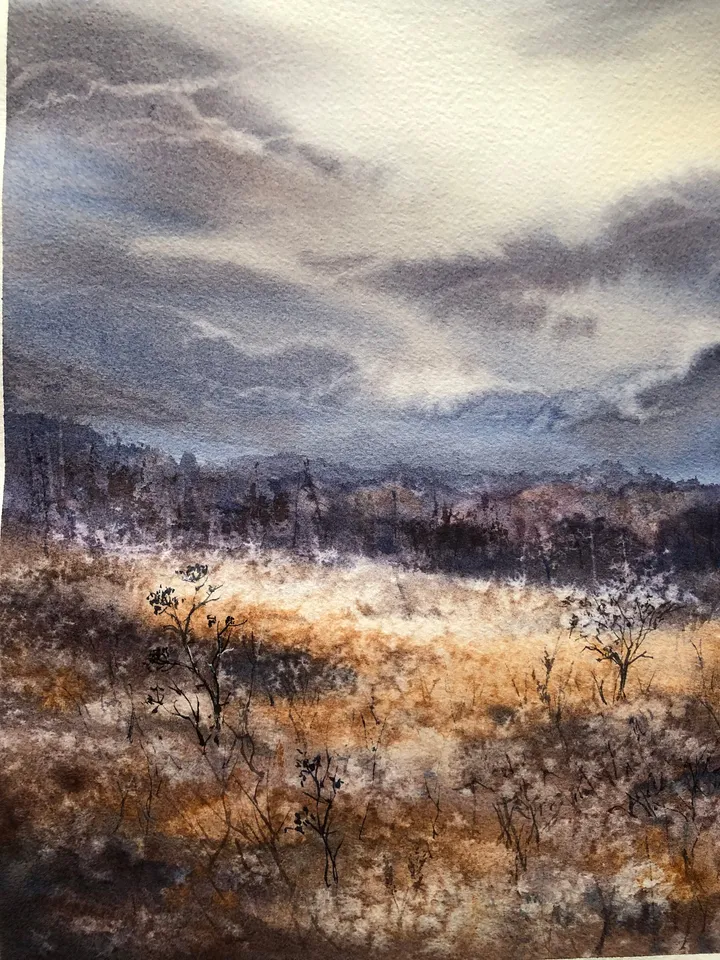 Landscape Watercolor Painting Fields Landscape Meadow Painting