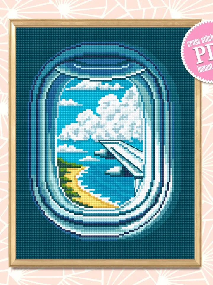 Airplane window cross stitch pattern download PDF Summer sea landscape cross stitch chart Nature cross stitch sampler Travel lover gift #L48