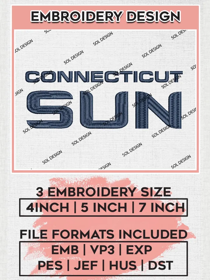 WNBA Connecticut Sun Word Mark Logo Embroidery Files, WNBA Connecticut Team Embroidery Designs, Basketball Teams, 3 sizes, Machine embroidery designs, Digital Download