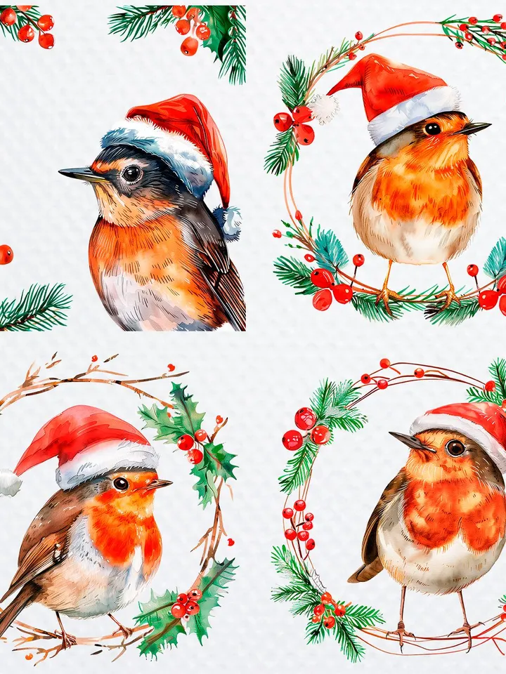 21 Christmas Robin In Hat PNG Bundle, Winter Printable Watercolor clipart for sublimation, Digital download, Paper craft, junk journals