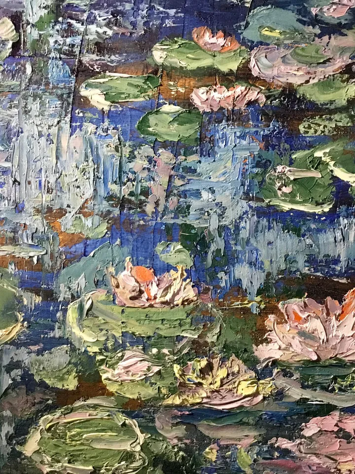 Waterlillies original oil painting on stretched canvas,textured impasto painting,pond of waterlilles,impressionistic,wall hanging,gift.