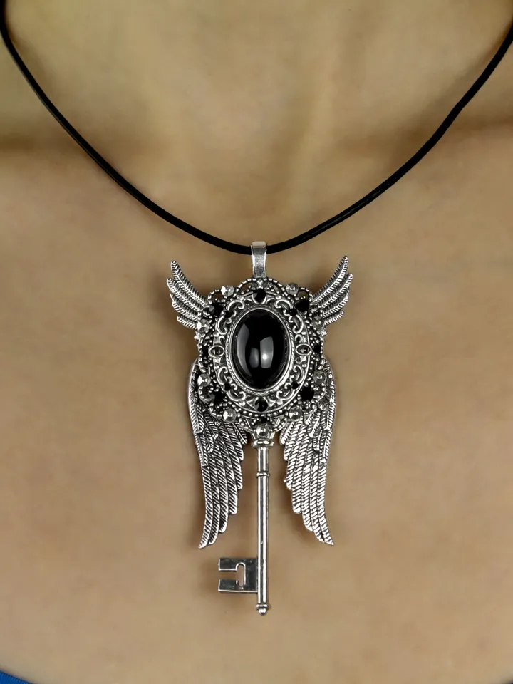 Gothic Winged Key Necklace with Black Obsidian and Swarovski Crystals – Vintage Steampunk Jewelry