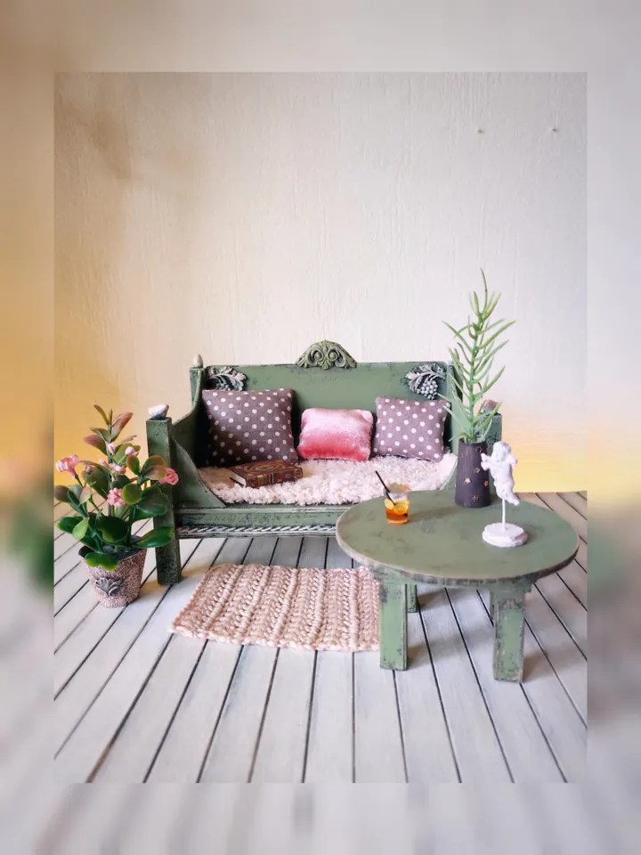 Dollhouse Furniture Set with Mint Sofa and Accessories for dolls scale 1/6