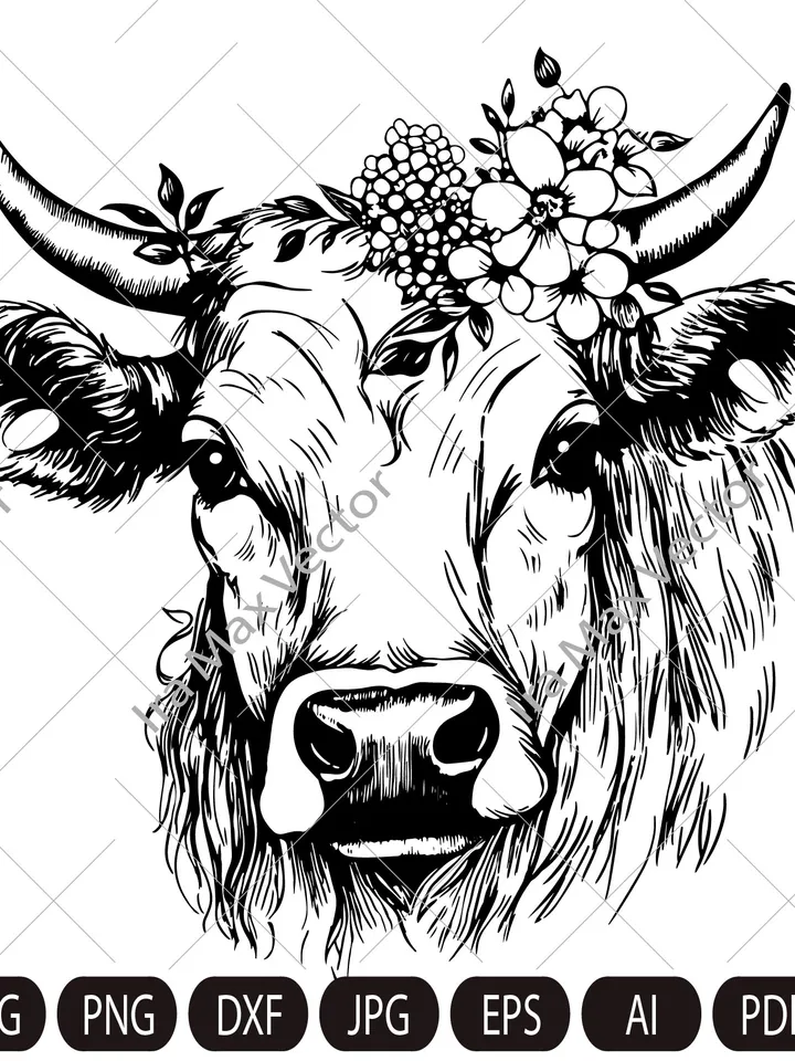 Cow SVG file, Cow with Flower Crown SVG, Cow cut file, Animal Floral Crown, Cow with Flowers on Head, Cute Cow svg