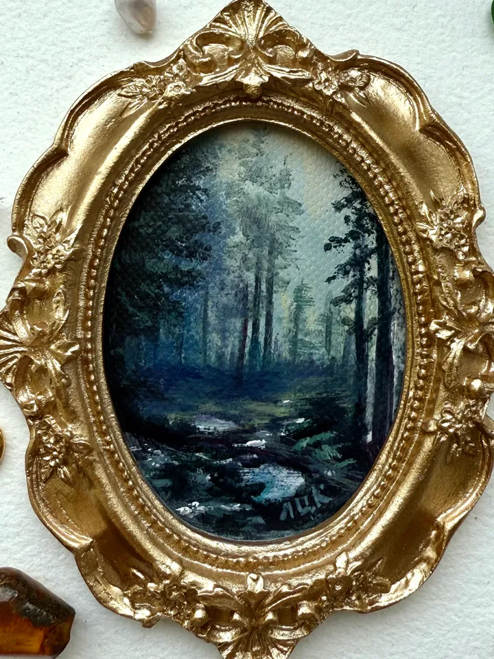 Enchanted Forest Landscape Oil Painting Original In Vintage Style Frame Small Framed Oval Painting Art