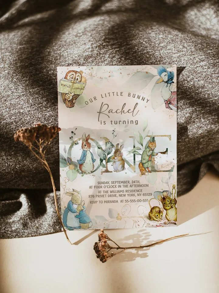 DIY Classic Peter Rabbit First Birthday Invitation; Peter Rabbit neutral birthday any age editable template; tale of peter rabbit pr6