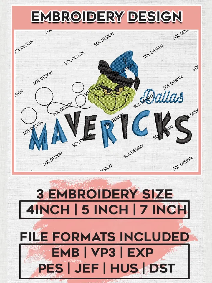 Grinch Dallas Mavericks Embroidery Designs, Grinch Christmas Embroidery Files, NBA Dallas Mavericks Machine Embroidery Designs, NBA Mavericks Logo, NBA Christmas Machine Embroidery Design, Digital Download