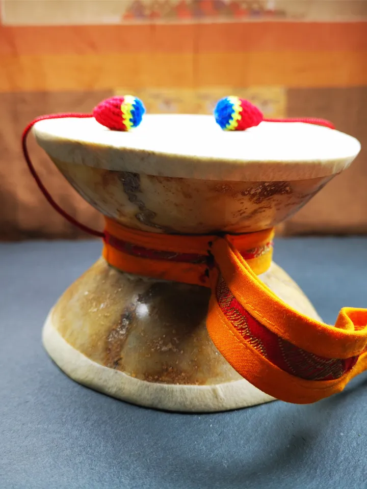 Gandhanra Handmade Tibetan Tantric Buddhist Ritual Implement,Kapala Chod Drum,Kapala Damaru,Religious Ceremonial,5.5" × 4.7" × 3.6"