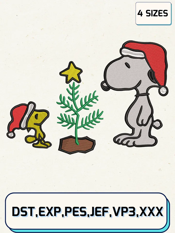 Snoopy and Woodstock Peanuts Christmas Embroidery Design,Christmas Embroidery Designs,Machine Embroidery Files,Snoopy Embroidery Design,4 Sizes