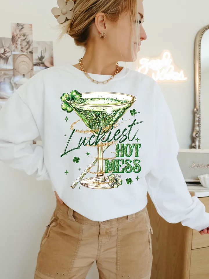 Luckiest Hot Mess PNG, Funny Drinking Martini png, Alcohol St Patricks Party png, Adult Humor Png, Lucky Sarcastic Shirt, Shamrock png