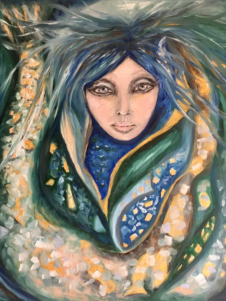Blue nimpth-Mermaid original oil painting on canvas,one of a kind blue water nimph painting ,seamaid wall art,fantasy woman painting.