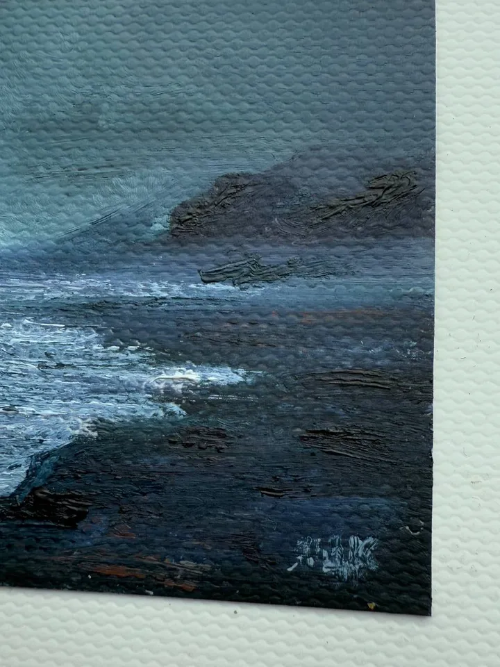 Small Landscape Painting Framed Original Foggy Cliff Painting Antique Misty Art Coastal Gold Frame Tiny Paintings 4 x 4 Art Victorian artwork
