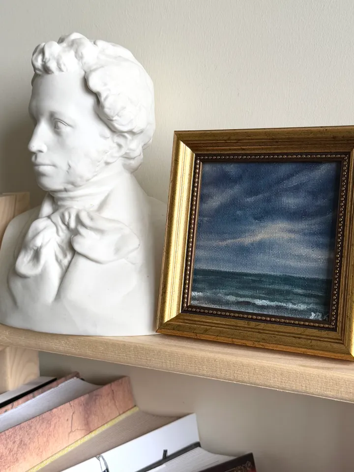 Small Landscape Painting On Canvas Framed Original Coastal Painting Antique Cloud Art Beach Gold Frame Paintings 4 x 4 Art Victorian