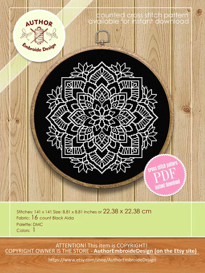 Mandala set cross stitch pattern download PDF, Floral ornament cross stitch chart, Monochrome mandala digital PDF, Embroidery beginner #S20