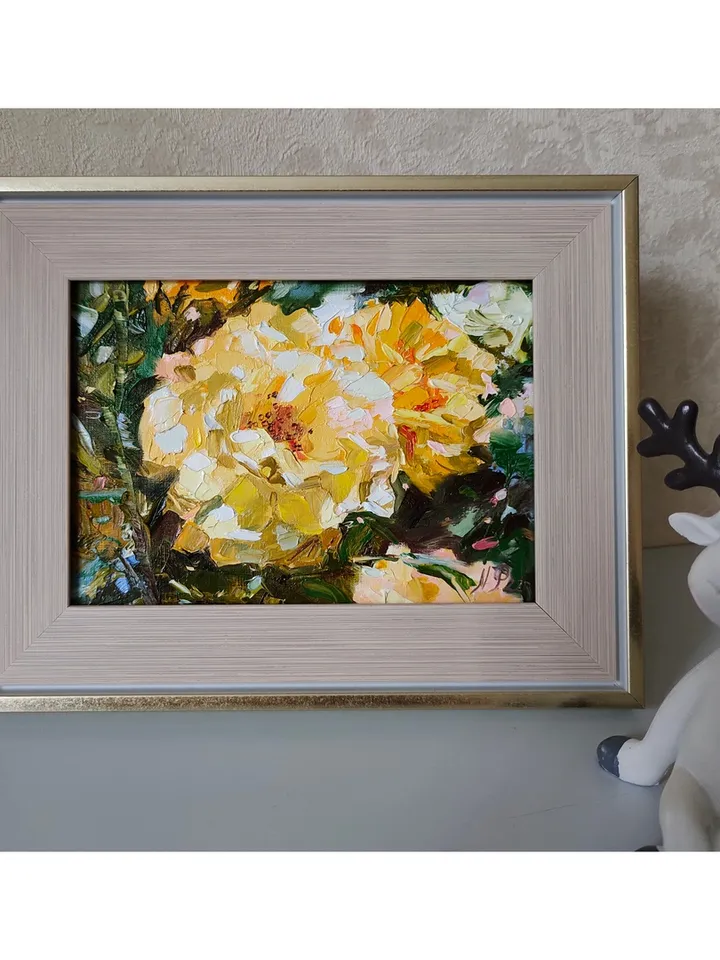Yellow Rose painting Floral original art 7 by 5 in Flower wall art Yellow Rose of Texas artwork by Natalia Plotnikova