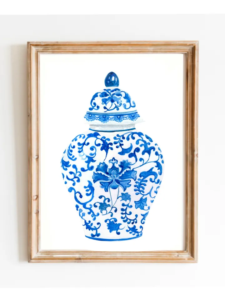 Chinoiserie Vase Watercolor Painting Blue And White Ginger Jar Art Vintage Chinoiserie Print Modern Wall Art Gifts For Her Living Room Print