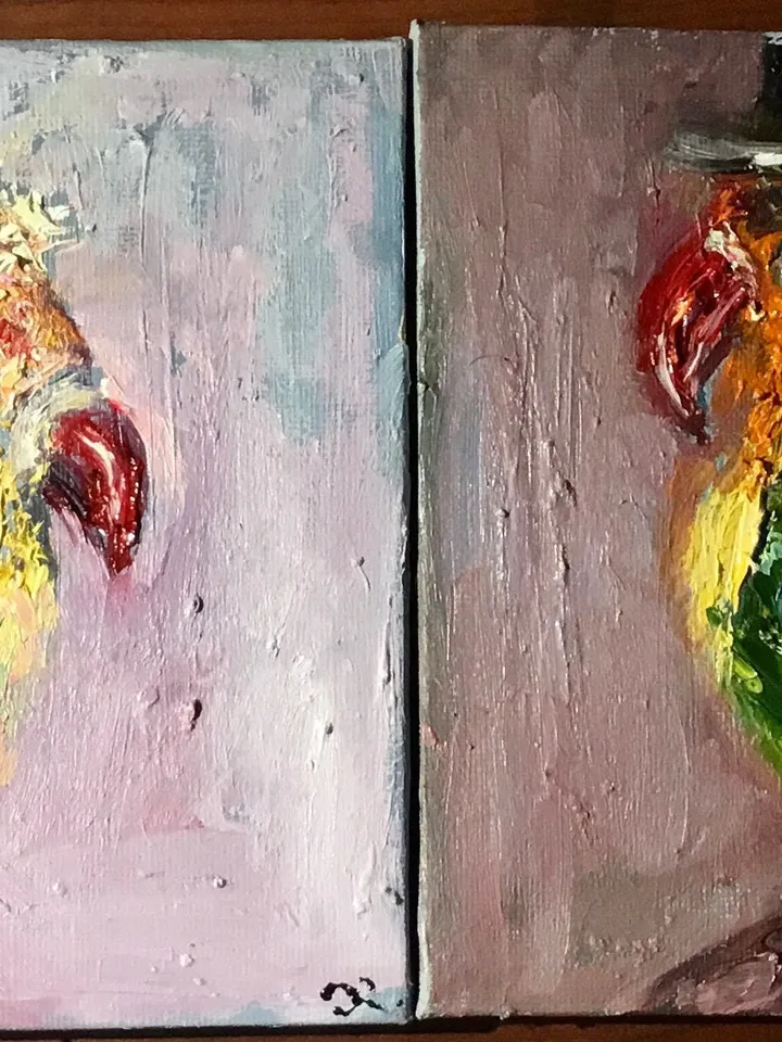 Couple of love birds diptych, parrots painting ,original oil impasto painting, small gift, wedding gift,exotic colourful birds painting.