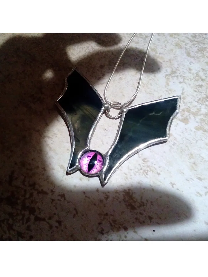Stained glass black bat wings pendant, Halloween accessories - fairy samhein witchy necklace